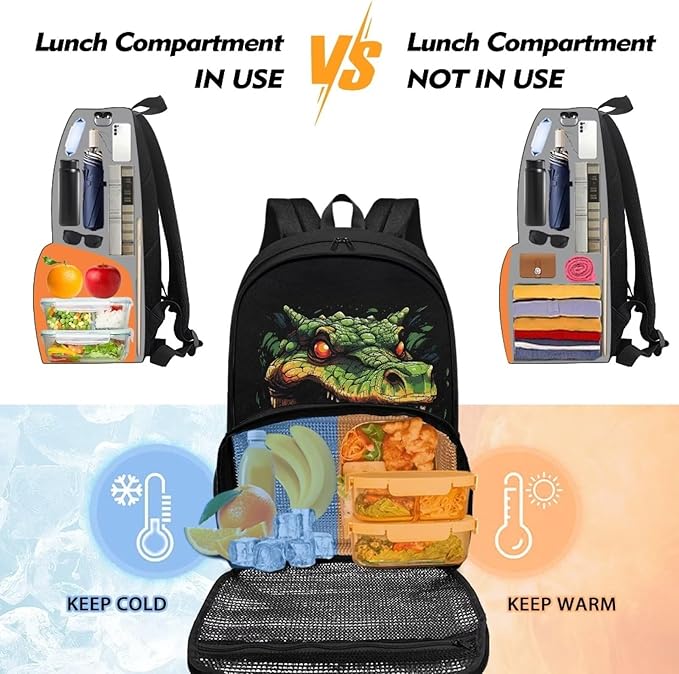 Crocodile Print Meal Bag Backpack Kids Backpacks with Lunch Compartment Meal Bag Large Bookbag Insulated Cooler Backpack Lunch Box Nurse Work Backpacks for Travel Casual
