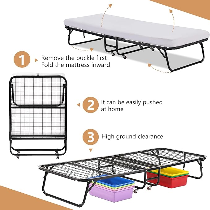 Folding Guest Bed with Wheels Portable Bed Extra Roll Away Foldable 3.9 Inch Comfort Foam Mattress Strong Sturdy Heavy Duty Frame for Home Restaurant, White