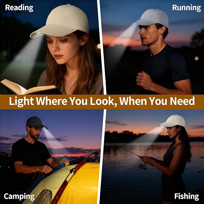 Taximi Unsex LED Baseball Cap, USB Rechargeable Baseball Cap with Light, Adjustable LED Hat Light for Fishing Jogging Camping