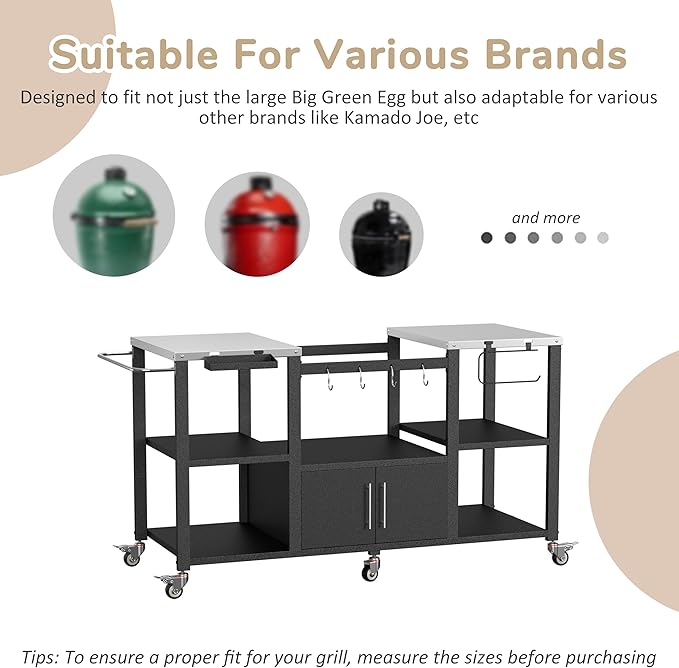 MUPATER 65" L × 24" D × 33" H Outdoor Grill Table, Movable Stainless Steel Grill Cart for Large Big Green Egg, Multi-Purpose Versatility Kitchen Cooking Prep Table BBQ Cart for Party, Camping
