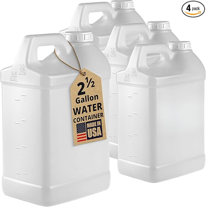 kitchentoolz 4‑Pack 2.5 Gallon Water Jugs – HDPE Water Containers with Handles & Screw Caps – Heavy-Duty Storage Carboys – Made in USA