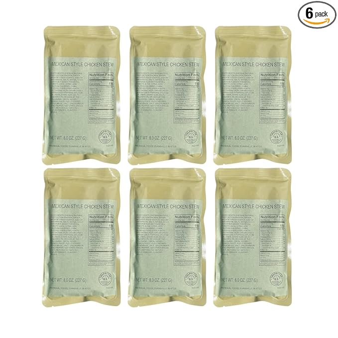 MRE (Meal-Ready-to-Eat) | Single Serving Entree | Emergency Meals | Survival Food | Fresh Dates | Long Shelf Life | Made in USA (6-Pack, Mexican Chicken Stew)