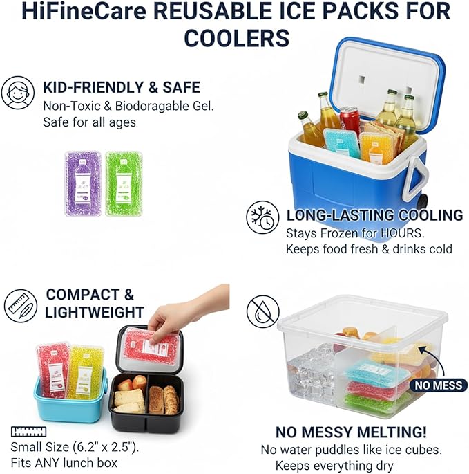 Reusable Ice Packs for Coolers - 5 Pack Freezable Gel Packs for Lunch Box, Camping, Picnic, Medical Cold Therapy - Leakproof & Long-Lasting Cold Storage