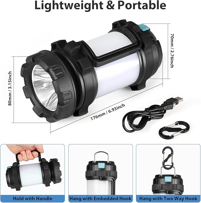 2 Pack Camping Lantern, Outdoor LED Camping Light, Rechargeable Flashlights with 1000LM, 6 Modes, IPX5 Waterproof Portable Emergency Camp Light for Hurricane Survival - Black