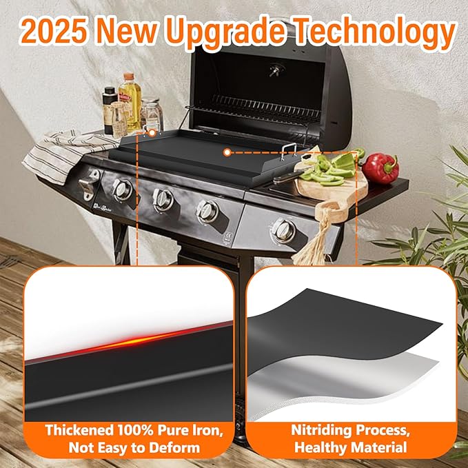 YACONA 23＂×16＂ Nonstick Universal Griddle for Gas Grill, Muti-Purpose Cooking Cast Iron Griddle with Grease Groove, Pre-Seasoned Flat Top Plate Insert for Camping, Tailgating, Parties