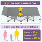 ZENPETIO 28In Folding Camping Cot for Adult, Portable Sleeping Cot with Mattress, Outdoor Heavy Duty Cot Bed for Camp with Carry Bag for Home, Office, Camp, Travel, Vacation(Max Loading 500lbs)