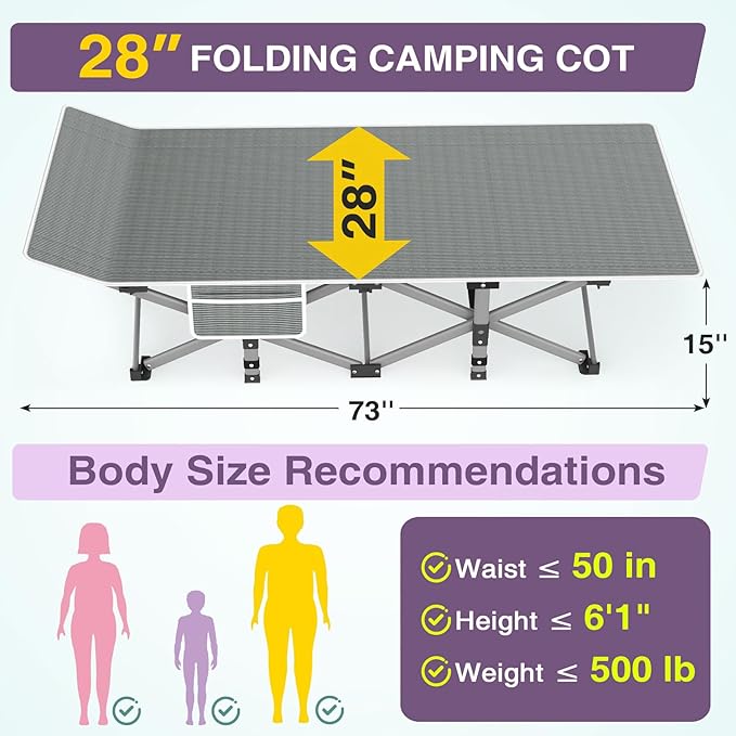 ZENPETIO 28In Folding Camping Cot for Adult, Portable Sleeping Cot with Mattress, Outdoor Heavy Duty Cot Bed for Camp with Carry Bag for Home, Office, Camp, Travel, Vacation(Max Loading 500lbs)