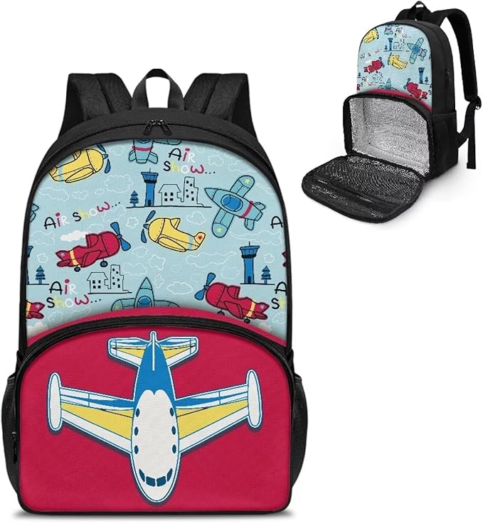 Lunch Backpack for School Picnic, 17 Inch Insulated Cooler Backpack With Lunch Compartment Meal Bag, Unisex Large Capacity Travel Casual School Bag Laptop Backpack, Cartoon Planes