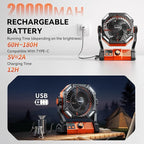 Camping Fan, 20000mAh Rechargeable Battery Powered Outdoor Tent Fan with Light and Hook, 6 Speed, Personal USB Desk Fan for Camping, Fishing, Hurricane, Power Outage Essentials