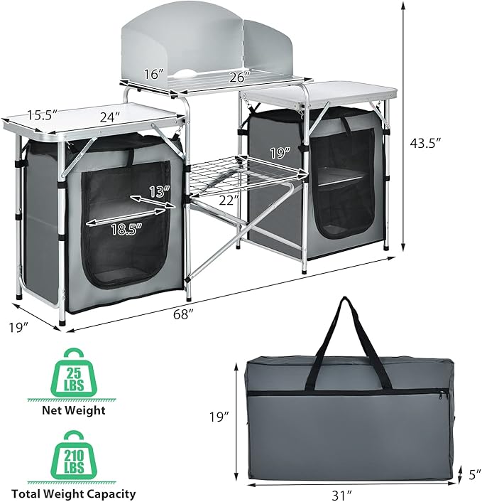 GYMAX Folding Camping Table, Portable Kitchen Table with 2 Zipper Organizer Shelf & Wind Screen, Foldable Cooking Table for Camping Hiking Picnic BBQ (Grey)
