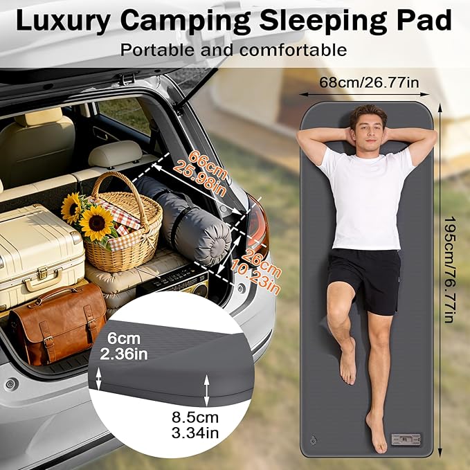 Self Inflating Sleeping Pad with Electric Pump, 3.15" Ultra-Thick Memory Foam Camping Sleeping Pad with Built-in Pillow, 4 Season Camping Mattress Pad, Camping Essentials Gear for Camp Travel Tent Car