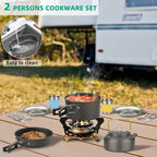 18pcs Camping Cookware Kit, Aluminum Non-Stick Pot, Pan and Kettle Set with 2 Set Stainless Steel Cups Plates Forks Knives Spoons for Backpacking and Hiking Camping