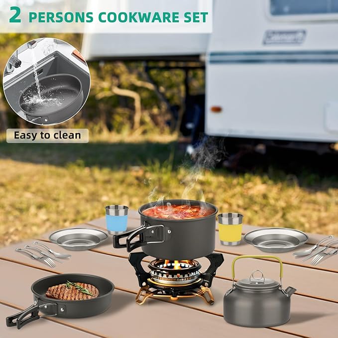 17pcs Camping Cookware Kit, Aluminum Non-Stick Pot, Pan and Kettle Set with 2 Set Stainless Steel Cups Plates Forks Knives Spoons for Backpacking and Hiking Camping
