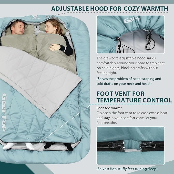 GEERTOP Double Camping Sleeping Bag with Blanket Queen Size Two Person Sleeping Bag for Adults Couples or Family Outdoor Backpacking Travel