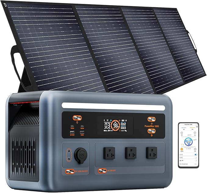 OSCAL 1800W Solar Generator with 400W Solar Panel PowerMax 1800SE, 1024Wh LiFePO4 Battery Generator with 3 AC Outlets (3600W Surge), 800W AC Charging, APP Control Power Station for Home Backup