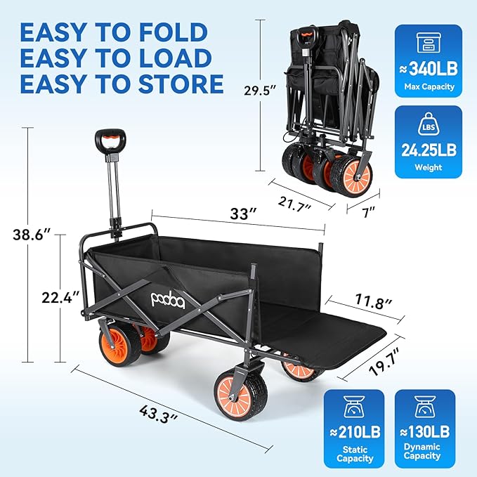 Electric Wagon Cart, Collapsible Motorized Utility Cart with Expandable Tailgate, 5000 mAh Battery Power for Camp, Garden, Groceries, Park, Black