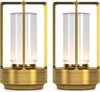 Portable Metal Table Lamp for Indoor/Outdoor ,Rechargeable Cordless LED Lamp, 3-Colour Infinitely Dimming Battery Powered Small Desk Lamp, Restaurant/Bedroom/Bar/Coffee/Camping Light (Gold Set of 2)