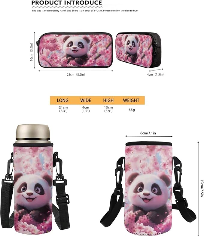Panda School Backpack Set Kids 4 Piece with Lunch Box and Water Bottle Bag Pencil Case Large Capacity Lightweight Travel Backpack for Kids 8-12 Kindergarten Elementary Middle Camping