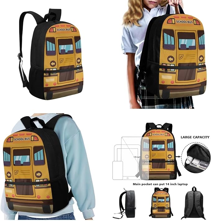 3 Pcs Cartoon School Bus Print Backpack Set with Lunch Bag and Large Capacity Pencil Box, Lightweight Schoolbag for Elementary Kindergarten Students Traveling Camping