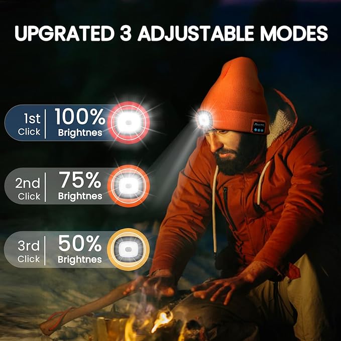 VIBELITE Bluetooth Beanie Hat with Light, Gifts for Men, USB Rechargeable LED Headlamp with Wireless Headphones,Birthday Gifts for Men, Dad, Him, Teen Boys, Husband, Women, Boyfriend, Orange