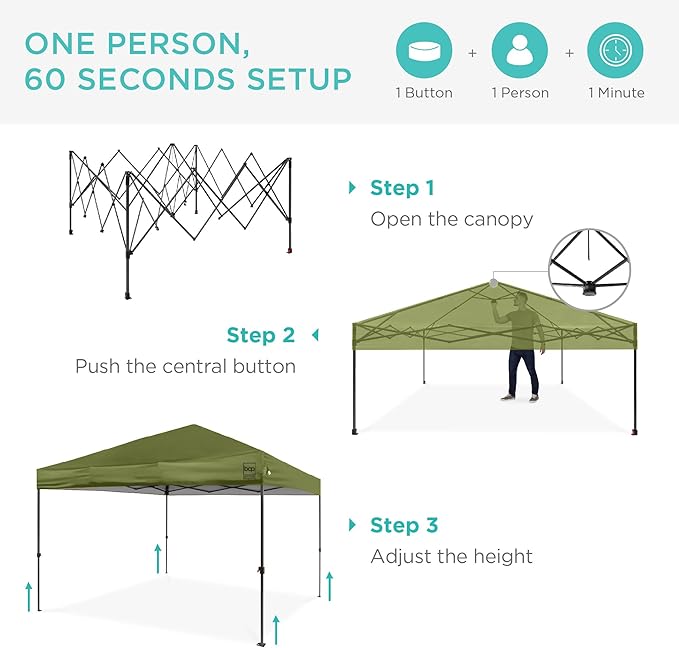 Best Choice Products 10x10ft Pop Up Canopy Tent, Outdoor Shade, 1 Person 1 Minute Set Up, Carry Case, 4 Weight Bags - Olive Green