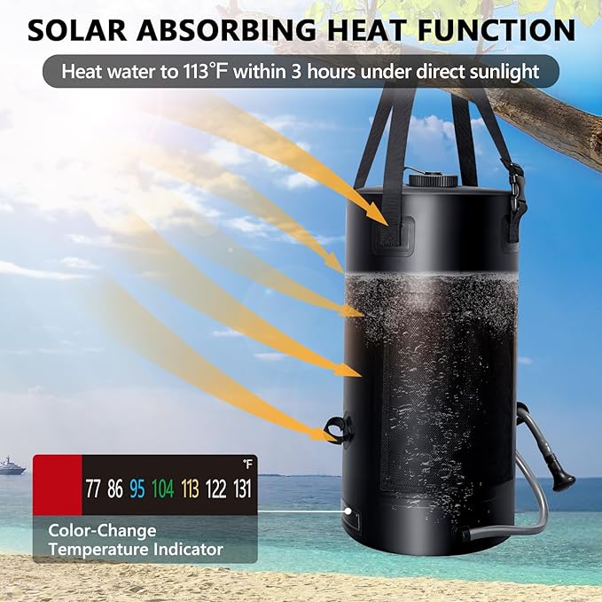 5 Gal/3 Gal Solar Shower Bag, Solar Heating Camping Shower Bag, On-Off Switchable Shower Head, Portable Shower with Thick Tarpaulin for Camping, Surfing, Outdoor Traveling, No Tear & Leak
