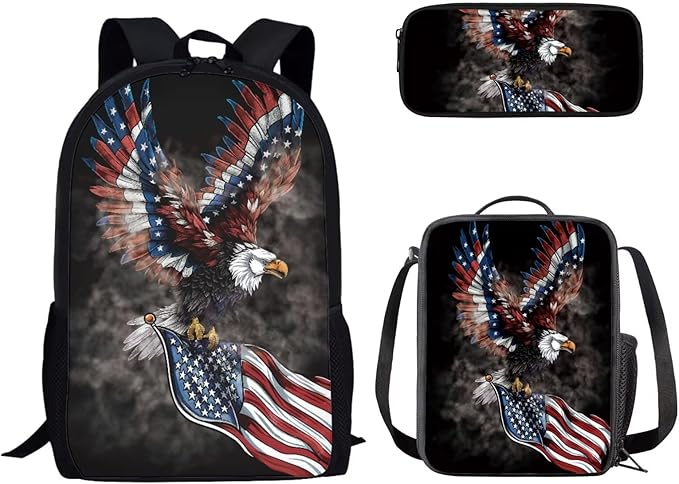 American Flag Eagle Pattern Kids Book Bag Set 3 In 1, 17 Inch Travel Backpack Rucksack Lunch Bags Pencil Case for Women Men