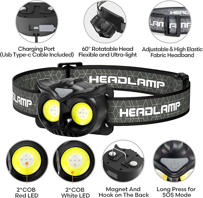 Lsnisni Headlamp Rechargeable 2 Pack, Kids LED Headlamp with Red Light, Head lamp for Adults and Kids with 5 Modes, Waterproof Forehead Flashlight for Camping Outdoor Hiking Running