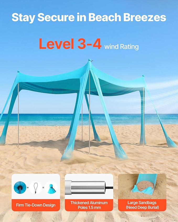 VEVOR Beach Tent Sun Shelter, UPF50+ Sun Protection, 6.6 ft Tall, 10 x 10 ft, Easy Pop Up Beach Canopy with Sandbags, Stability Poles, Sand Shovels, Portable Shade for Family, Camping, Fishing, Green