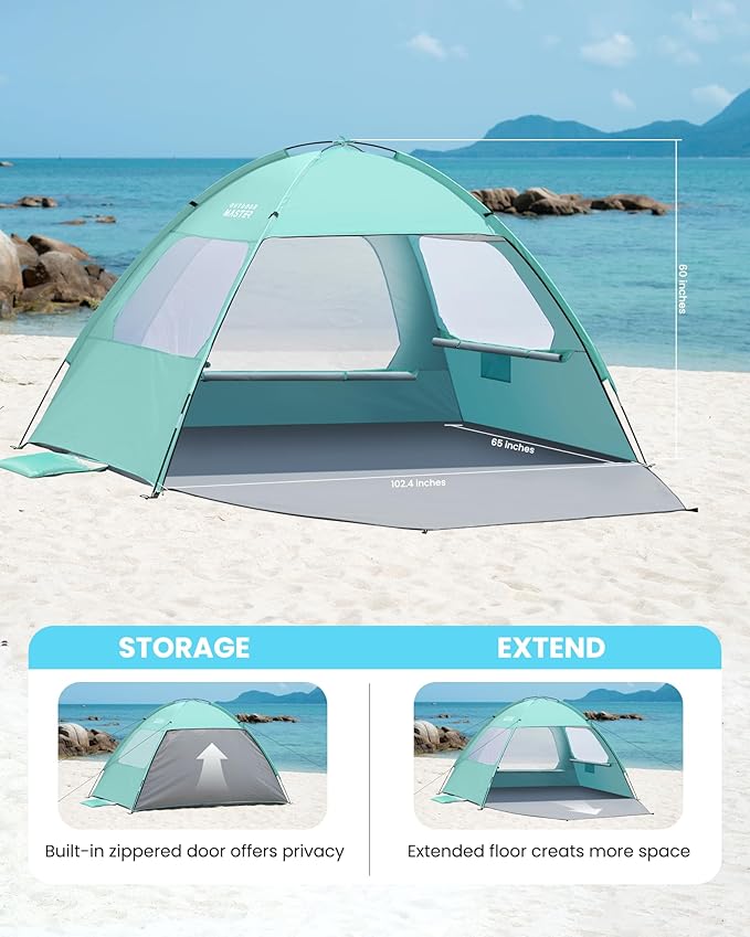 OutdoorMaster Beach Tent for 3/4/6/8 Person - Easy Setup Sun Shade Shelter, Portable Beach Shade Sun Canopy with UPF 50+ UV Protection, Removable Skylight Family Size