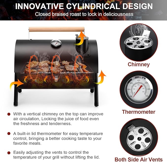 Joyfair Portable Charcoal Grill with Thermometer, Small Tabletop Barbecue Grill for Outdoor Camping Backyard Party BBQ Cooking, Extra Thick Steel & Heavy Duty, Innovative Design & Easy Assembly