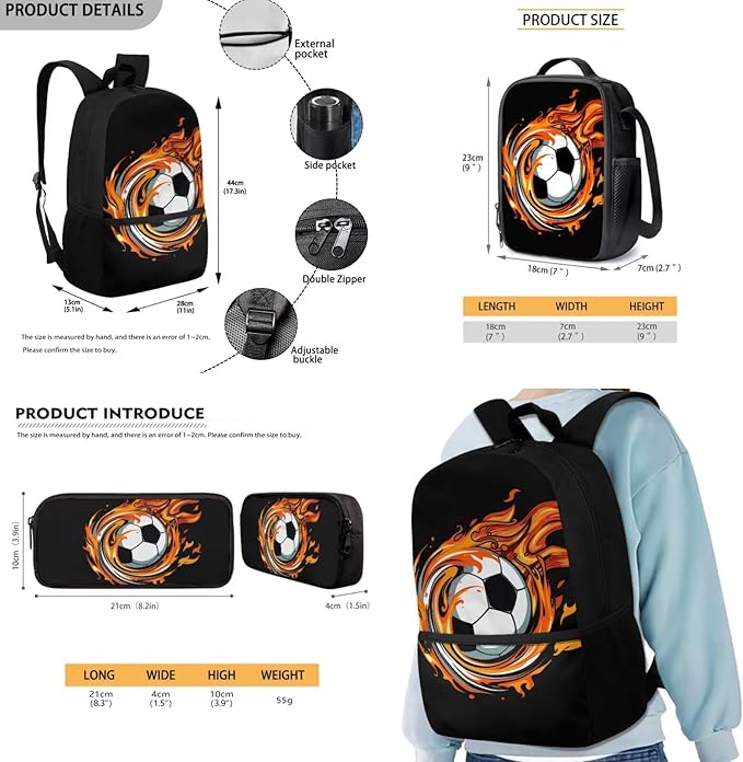 Rnyleeg Cartoon Soccer Backpack for Boys 6-8 with Lunchbox Lightweight Kids Bookbag Set 3 Piece for Elementary School Mochilas Para NiñA