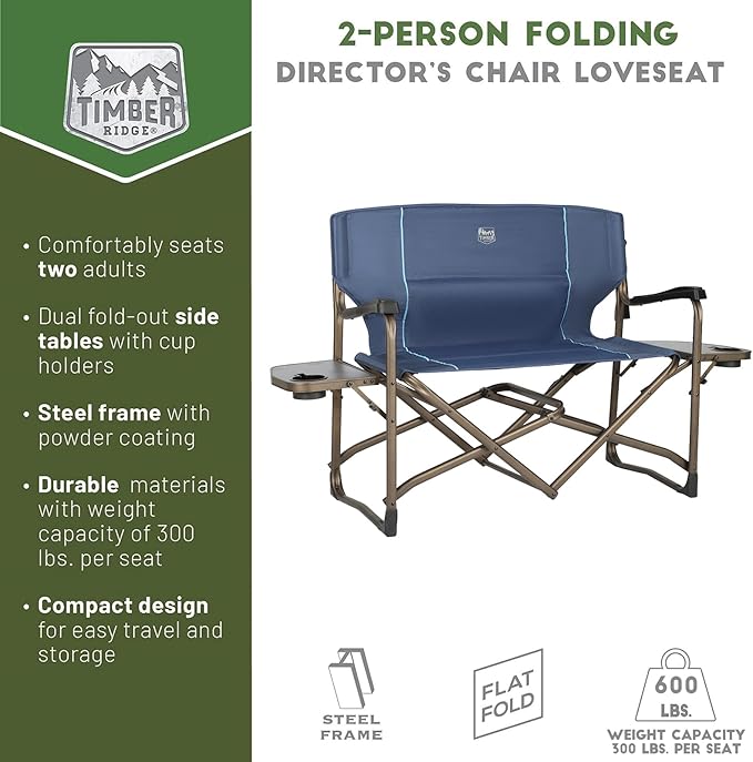 Timber Ridge Double Camping Chair Foldable Loveseat Directors Chairs, Oversized Double Folding Camping Chairs with 2 Side Tables, 2 Person Lawn Chair, Heavy Duty Support 600 LBS for Outdoor, Blue