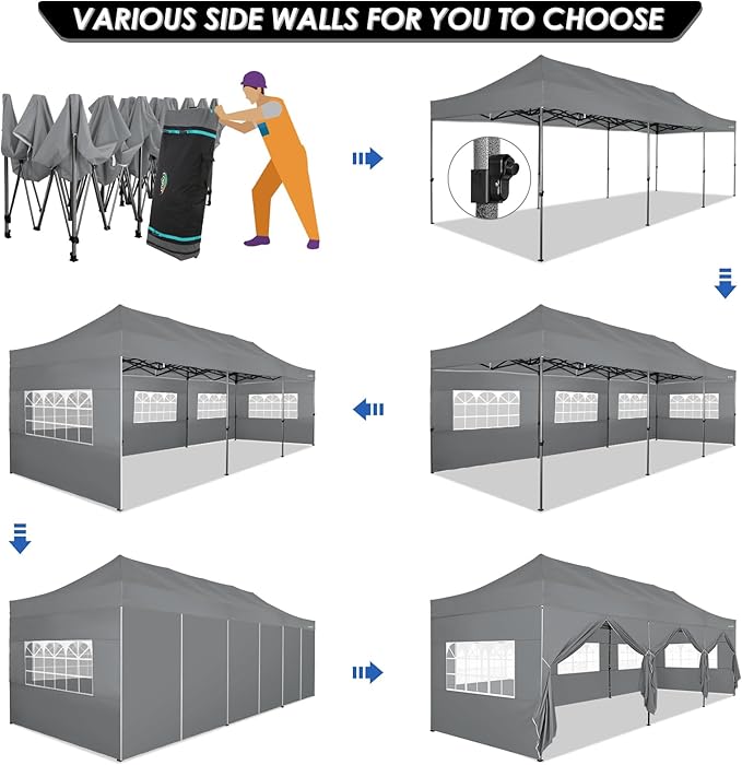 COBIZI 10x30 Pop up Canopy Tent 10x30 Canopy with Sidewalls, Heavy Duty Party Tent Tents for Parties, Foldable UPF 50+ Waterproof Commercial Easy up Canopy with Roller Bag, Grey(Windproof Upgraded)