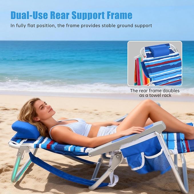 SUNNYFEEL Beach Chairs for Adults 2 Pack 5 Position Lay Flat, Portable Folding Backpack Beach Chair Heavy Duty with Cooler Bag, Cup Holder for Outdoor/Lawn/Picnic, Foldable Camping Chair