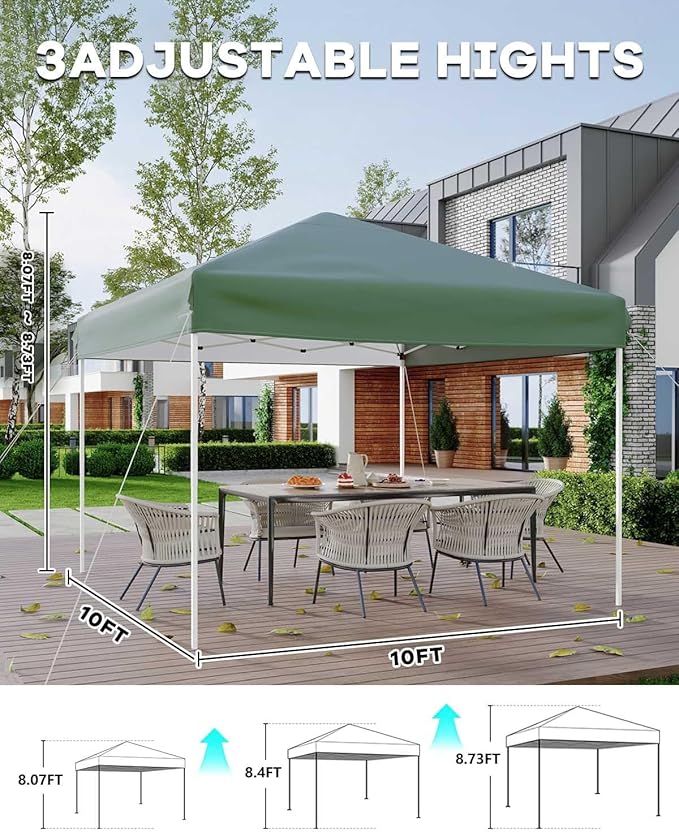 10x10 Pop Up Canopy Tent, Instant Outdoor Canopy with 3 Adjustable Heights, Includes 4 Sandbags & Carry Bag, UV Protection & Waterproof for Parties, Camping, Beach