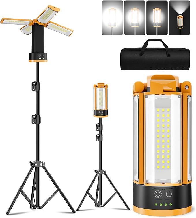 T-SUN Rechargeable Camping Light with Stand, 10400mAh LED Work Light 4100 Lumens with 4 LED Lamp Heads, Portable Work Light with Detachable Tripod 67" Max Height (Orange)