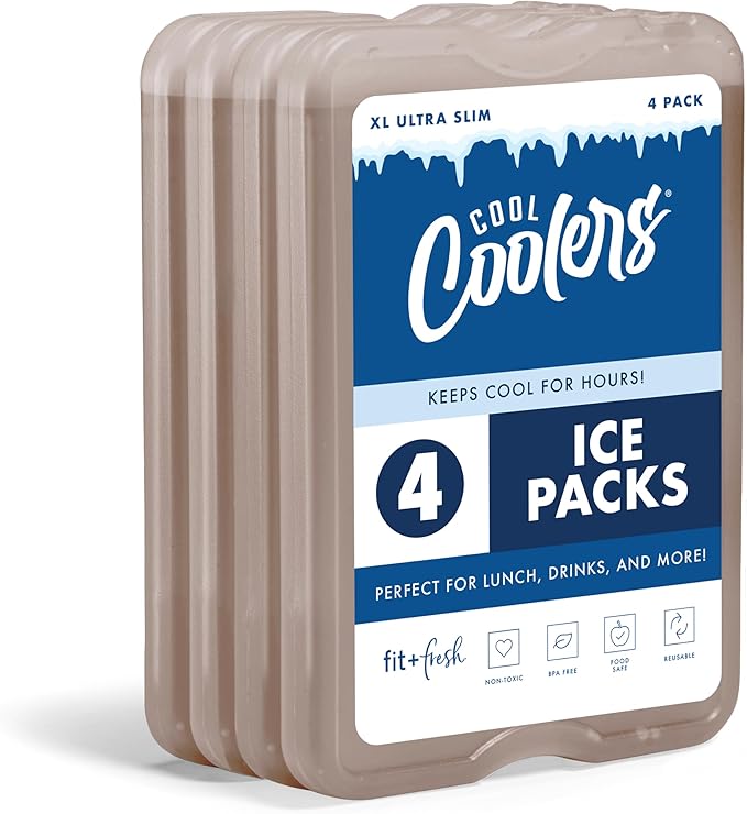 Cool Coolers by Fit & Fresh XL Slim Ice Packs, Quick Freeze Reusable Ice Packs for Lunch Boxes & Coolers, Long-Lasting, Space Saving Cooler Ice Packs, Taupe, 4Pk