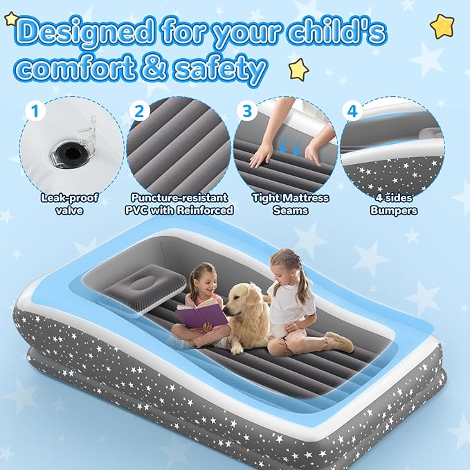Inflatable Toddler Travel Bed - 67'' Large Size Safety Kids Air Mattress with 4 Sides - Portable Camping Bed for Outdoor Sleepovers, Easy to Inflate & Deflate with Storage Bag & Pump, Grey