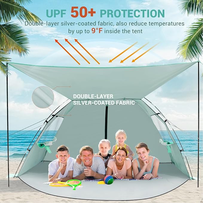 Elegear CumbreX™ Beach Tent Sun Shelter with Canopy, 6-8 Person Pop Up Beach Tent, Easy Setup UPF 50+ UV Protection Portable Lightweight Double Silver Coating Cabana Sun Shade Shelter - Green