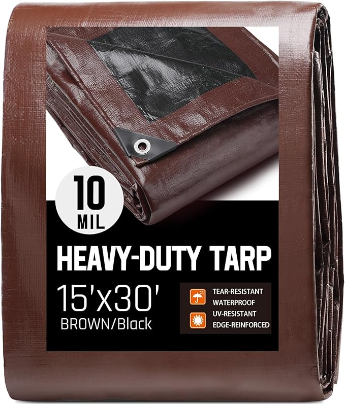 15 x 30 FT Waterproof Heavy Duty Tarp, 10 Mil Thick, Outdoor Furniture Covers, Plastic Insulated Tarpaulin for Camping Tent Roof Boat Patio Pool Cover, Large & Small Multi-Size Tarps, Brown/Black