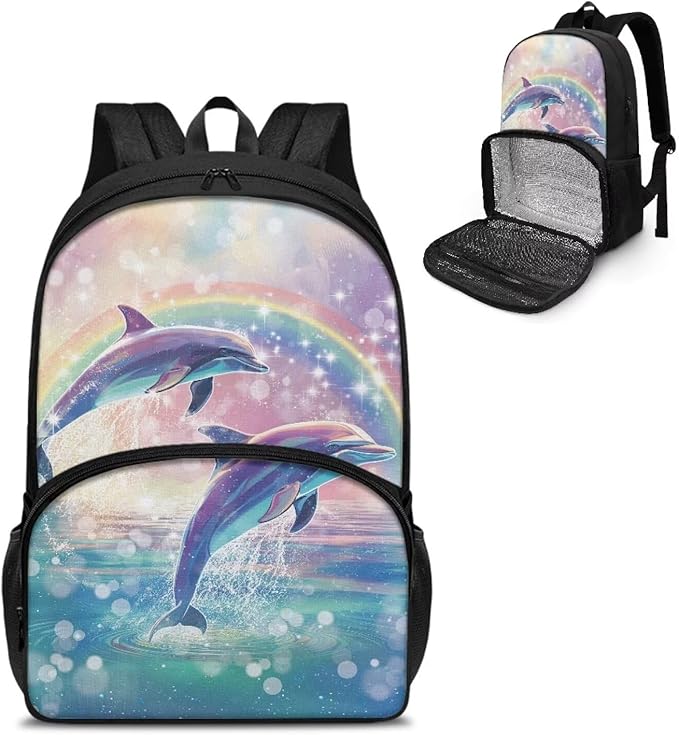 17 Inch Travel Laptop Backpack for Women, Middle-School Elementary Student Bookbags Large Capacity Casual Hiking Outdoor Daypack with Multi Pockets, Rainbow Dolphin