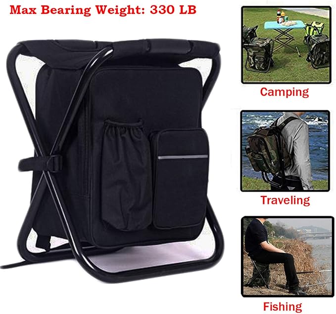 HANERDUN 3 in 1 Backpack Stool Cooler Chair, Foldable Camping Fishing Stool, Portable Backpack Chair for Outdoor Hiking Walking,Black