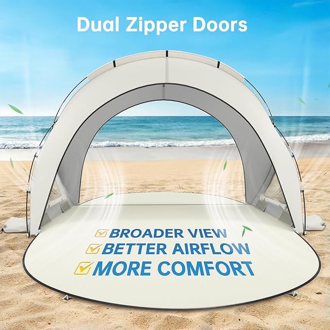 Beach Tent Sun Shelter, Beach Shade Tent with UPF50+ UV Protection, Sun Shelter for 1-4 Person, Beaches Shade with 2 Zippered Doors, Portable Tents for Camping Fishing, Beige