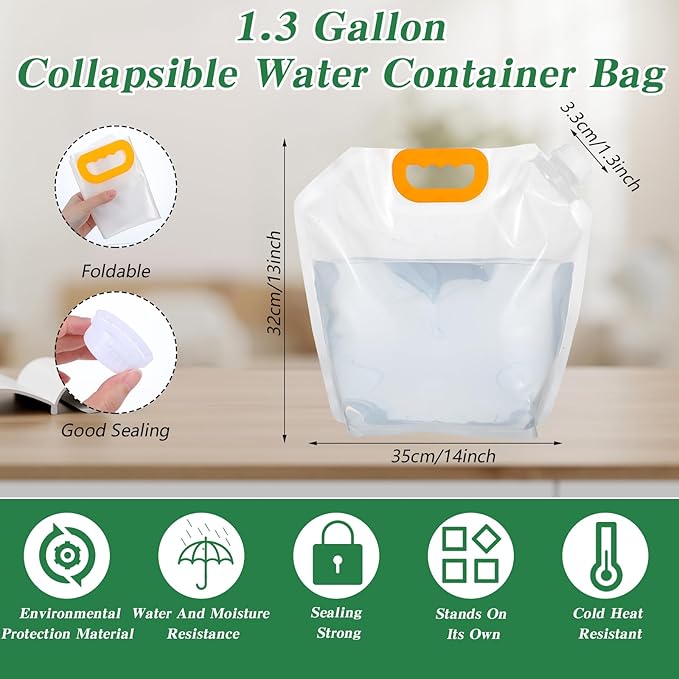12 Pack 1.3 Gallon Collapsible Water Storage Bag Water Container Bag Emergency Jug Foldable Plastic Storage Pouch Freezable Carrier Tank for Outdoor Sport Camping (Clear, Classic)