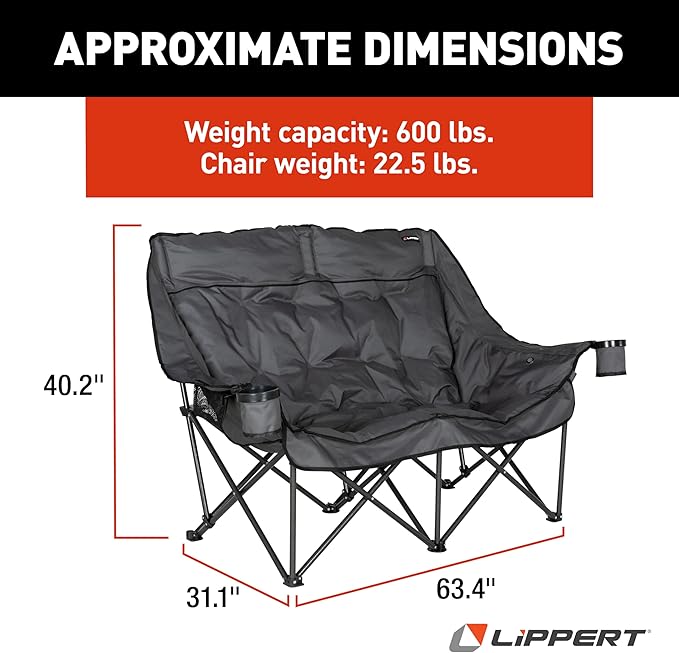 Lippert Big Bear Dark Grey Heated Folding Camping Loveseat with Power Banks, Four Heat Zones, 600-lb. Weight Capacity, 600D Polyester Fabric, High-Loft Cushioning, Zippered Carrying Bag - 2024043335