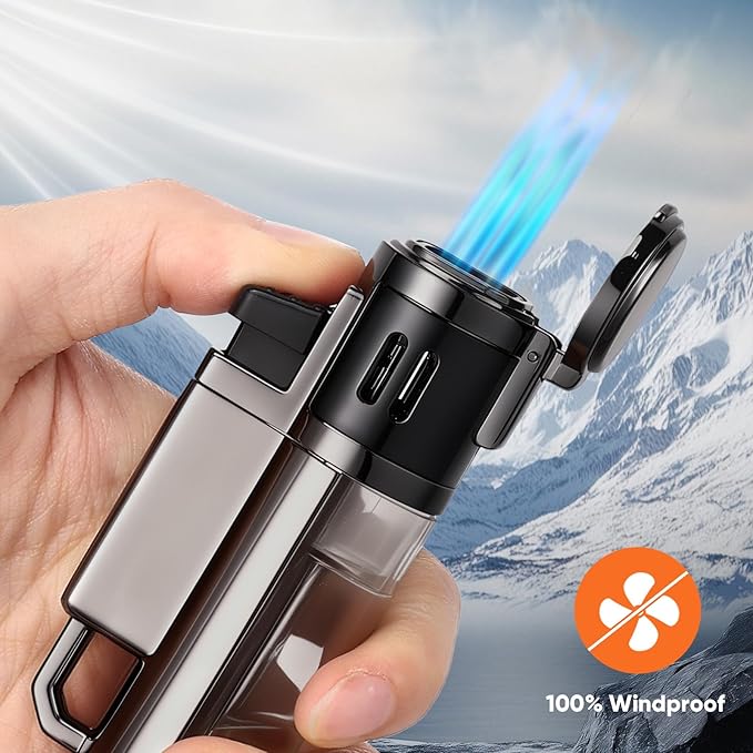 Torch Lighter, Refillable Windproof Adjustable Quad Jet Flame Butane Lighter for Candle Grill BBQ Camping Fireworks, 2 Pack (No Fuel Included)