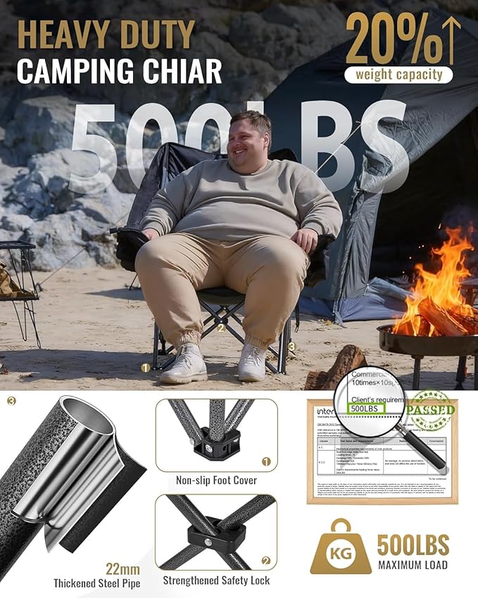 KingCamp Oversized XL Camping Chair, Heavy Duty 500lbs Folding Couch for Adults, Padded Large Comfortable Sofa Seat with Cooler Bag Cup Holder for Outdoor Sports Fishing Patio Lawn