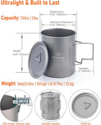 25oz (750ml) Titanium Camping Pot, Ultralight Backpacking Cookware & Campfire Mug for Hiking, Bushcraft & Outdoor Cooking