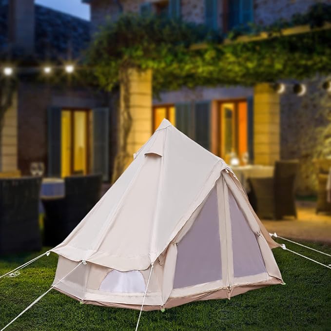 4 Season Waterproof Canvas Bell Tent for Camping - 3m (10ft) Heavy Duty Yurt Tent with Ground Ventilation & Stove Jack, Outdoor Shelter for Family/Group, Portable Khaki Cotton